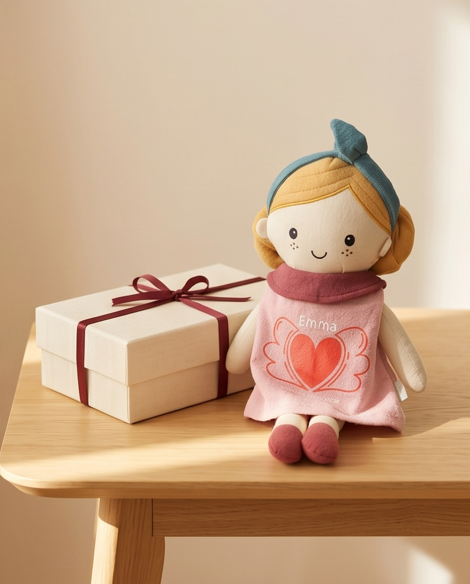 Personalisierbare Stoffpuppe neben eleganter Geschenkbox mit Schleife