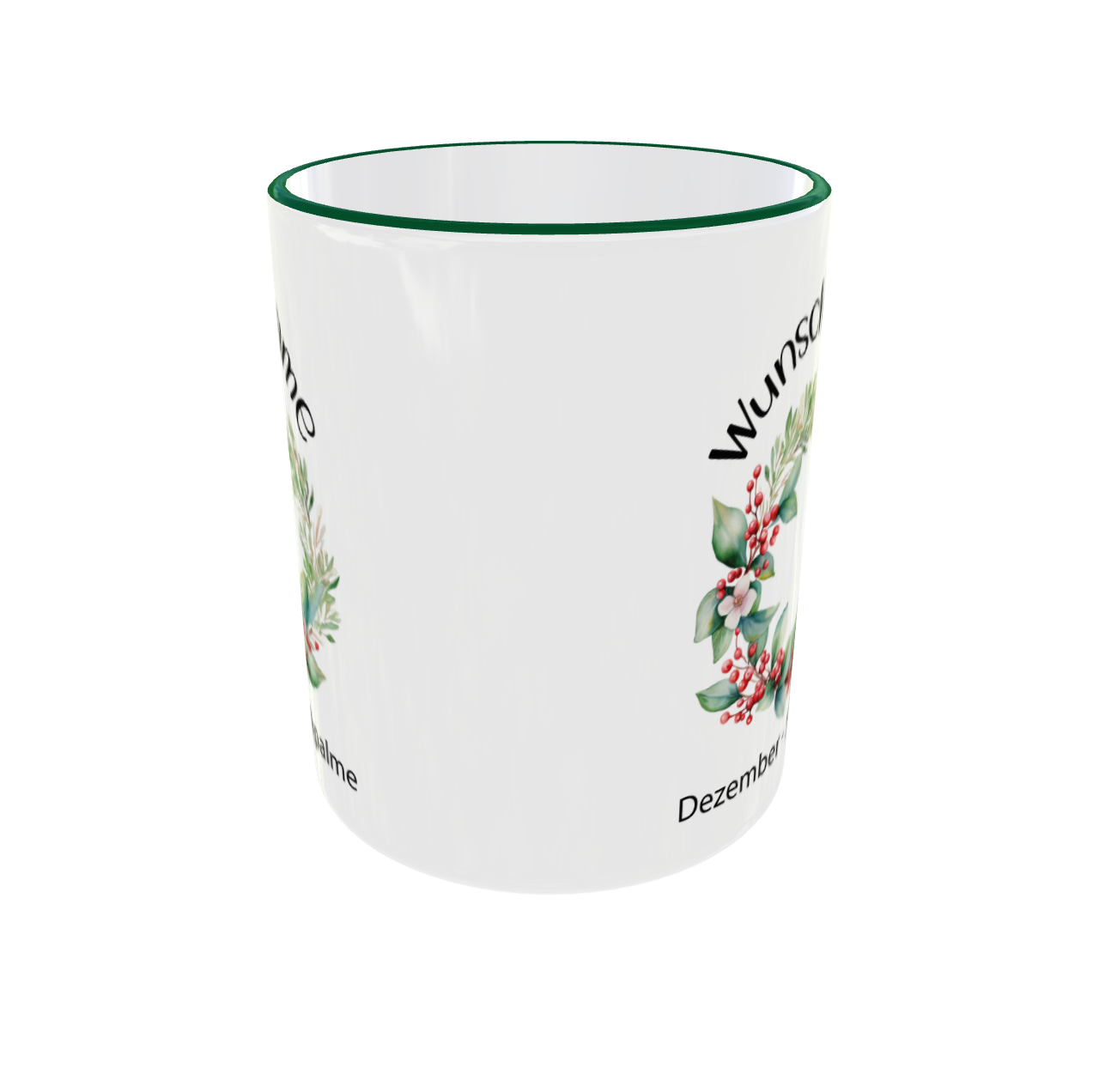 Personalisierte Dezember Tasse Rückseite - Stechpalme Kranz Design mit Beeren