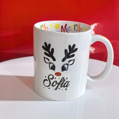 Personalisierte Rentier Tasse mit Namen Wunschname und Rudolph-Gesicht.