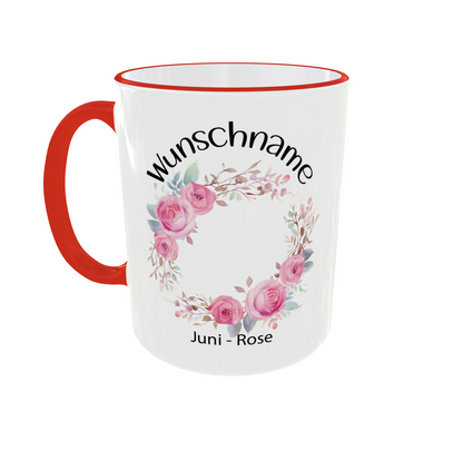 Personalisierte Rose Tasse für Juni-Geborene - Frontansicht mit Rosenkranz