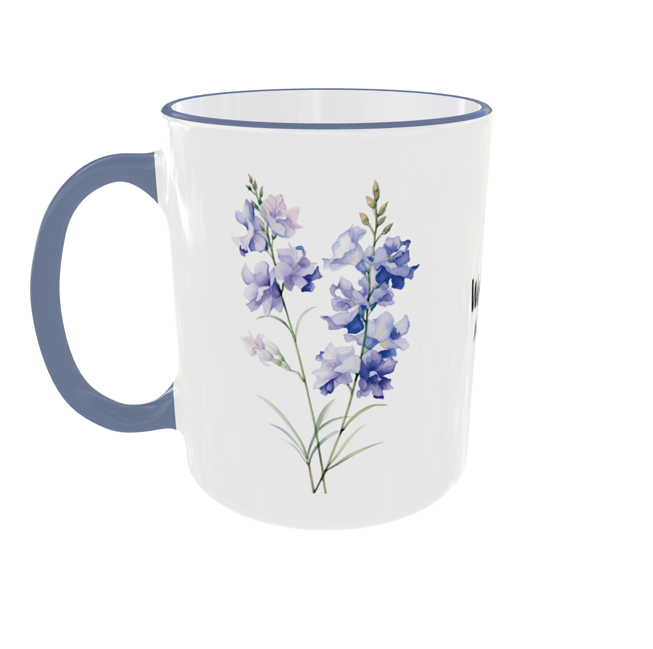 Personalisierte Tasse mit Juli Geburtsblume Rittersporn, Wunschname individuell bedruckt