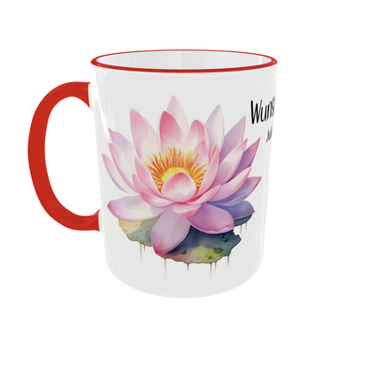 Personalisierte Tasse mit Juli Geburtsblume Seerose in rosa, individuell mit Namen bedruckt