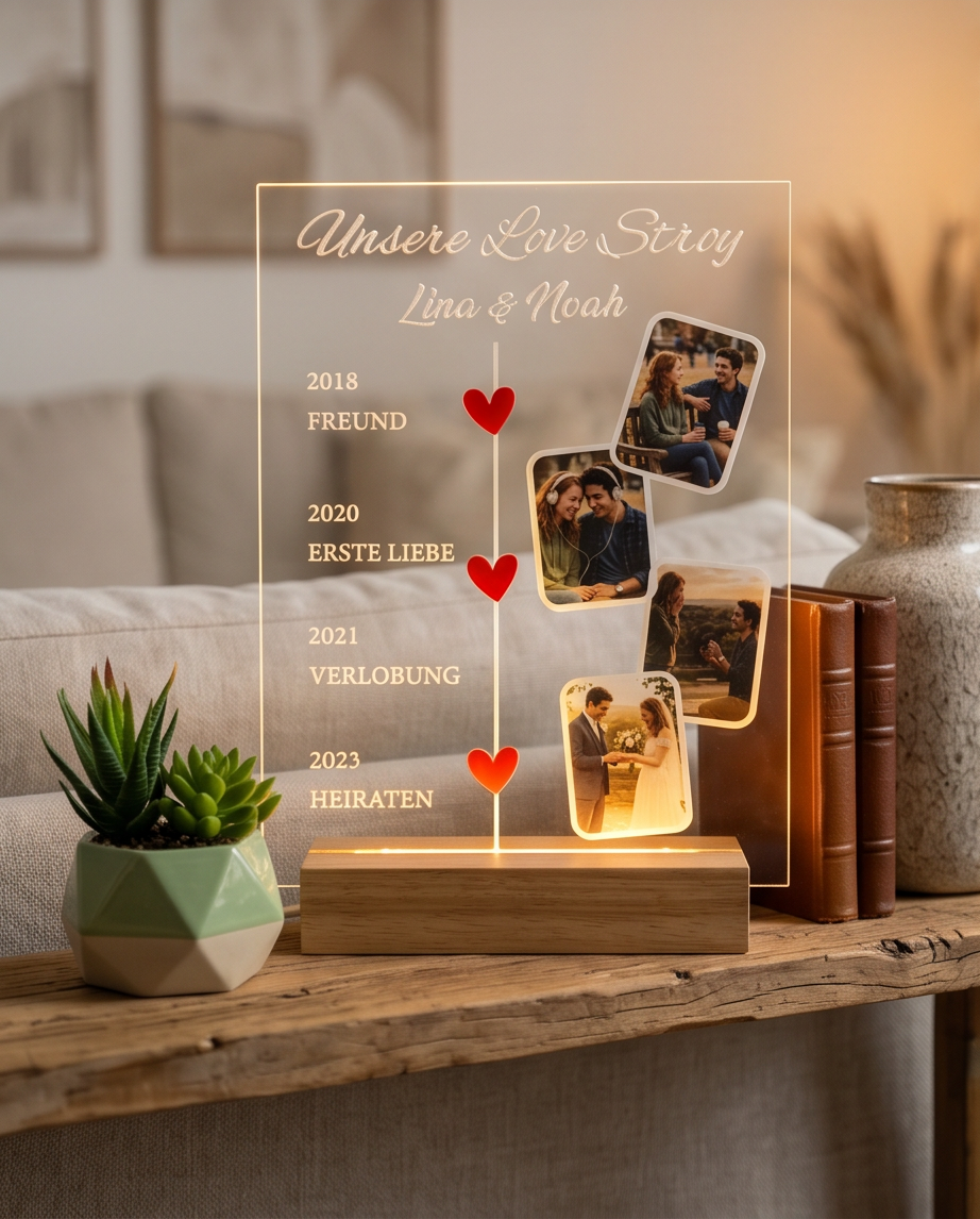 Personalisiertes Acrylglas Love Story seitliche Ansicht mit Liebes-Timeline, roten Herzen und Fotos auf LED-Holzsockel