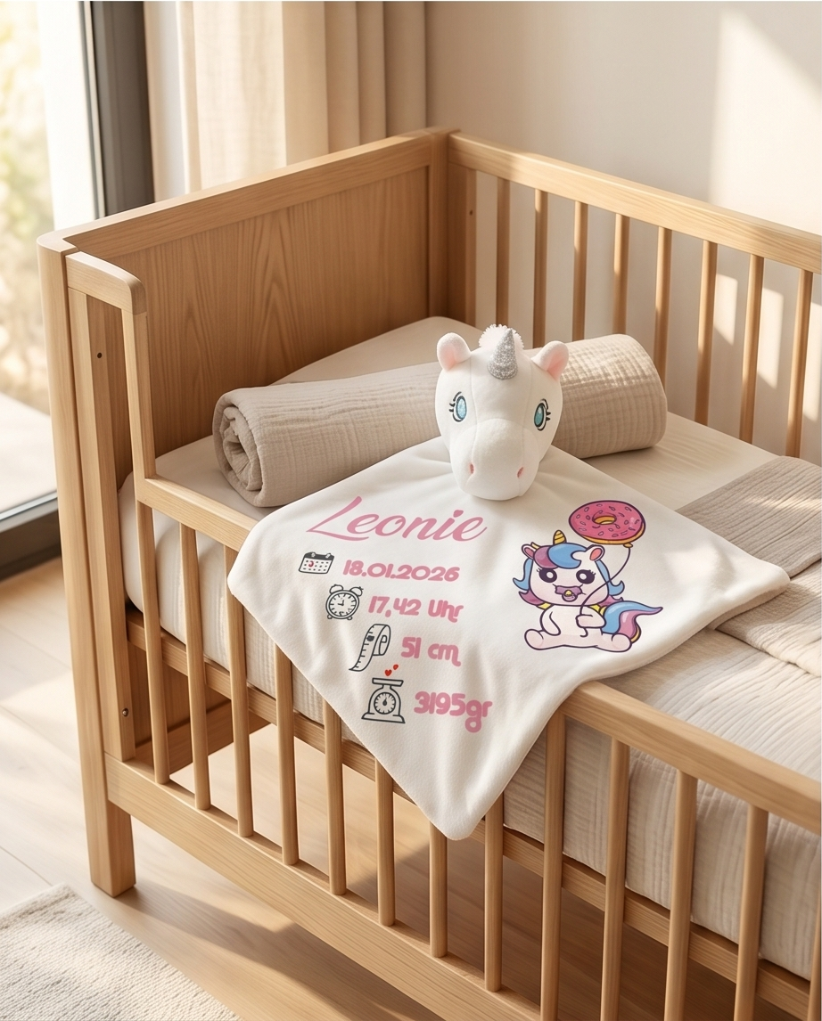 „Personalisiertes Baby Schmusetuch Einhorn mit Geburtsdaten im Babybett"