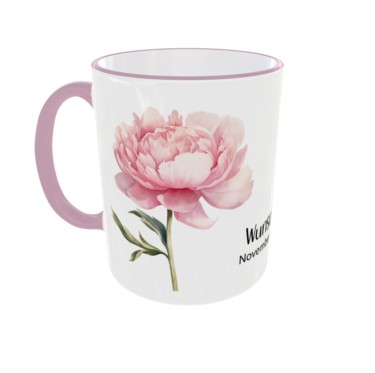 Personalisierte Tasse November Pfingstrose - Wunschname Geburtsblume rosa Blumen