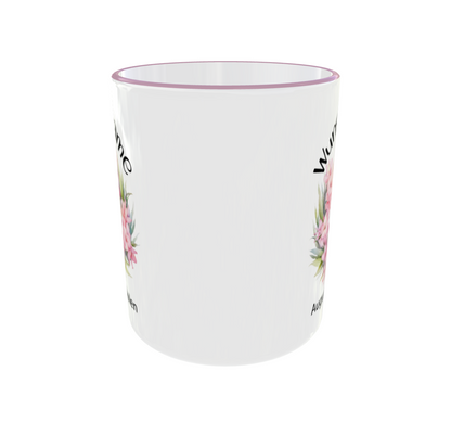 Rückansicht der personalisierten August Geburtsblumen Tasse mit Gladiolen