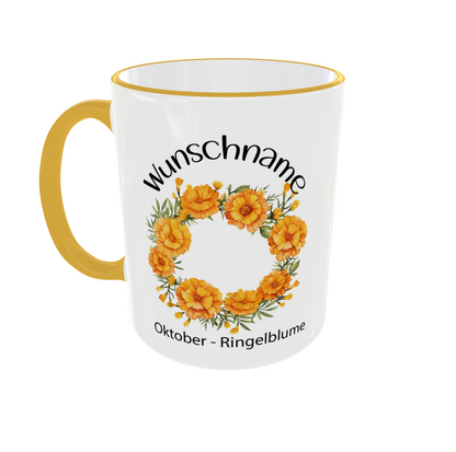 Personalisierte Oktober Tasse mit Ringelblume Blumenkranz und Wunschname