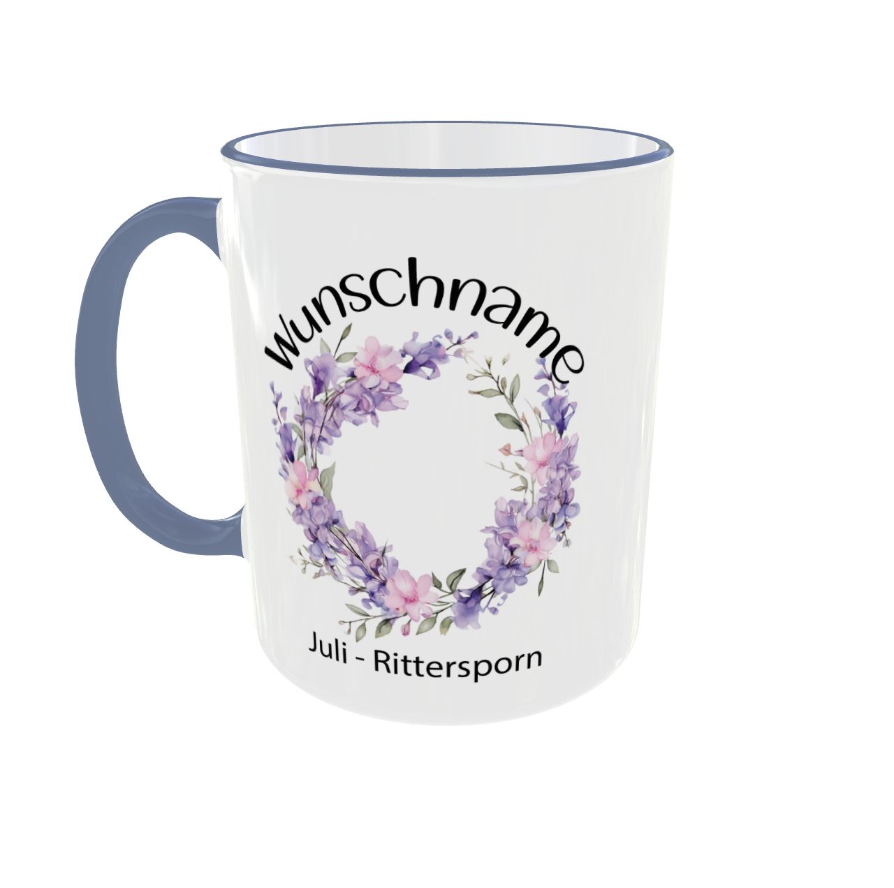 Personalisierte Rittersporn Tasse mit Wunschname - Frontansicht mit Blütenkranz