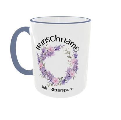 Personalisierte Rittersporn Tasse mit Wunschname - Frontansicht mit Blütenkranz