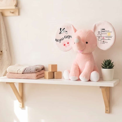 Personalisierter Elefant rosa mit Name und Geburtsdaten auf Regal – Geschenk zur Geburt