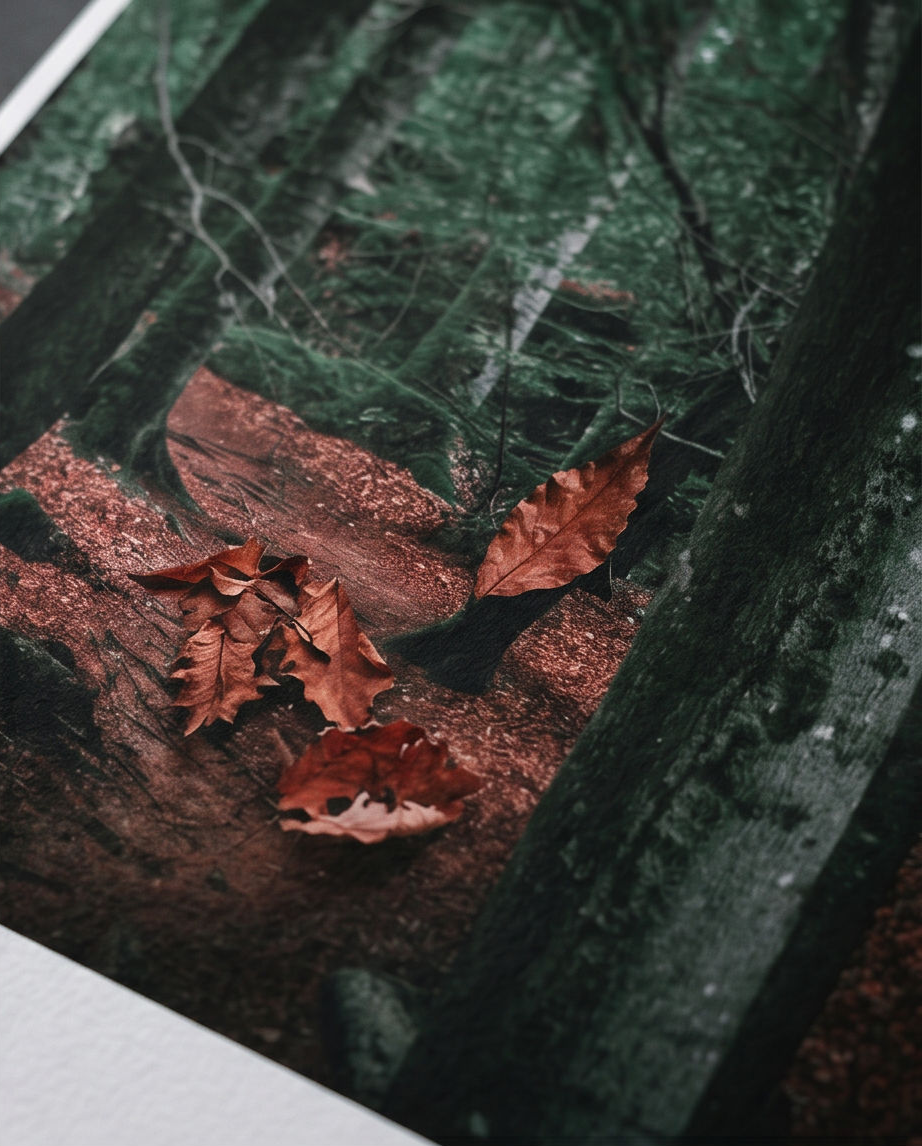 Detailaufnahme Druckqualität – Rote Herbstblätter auf Waldboden, Felsengasse Kunstdruck