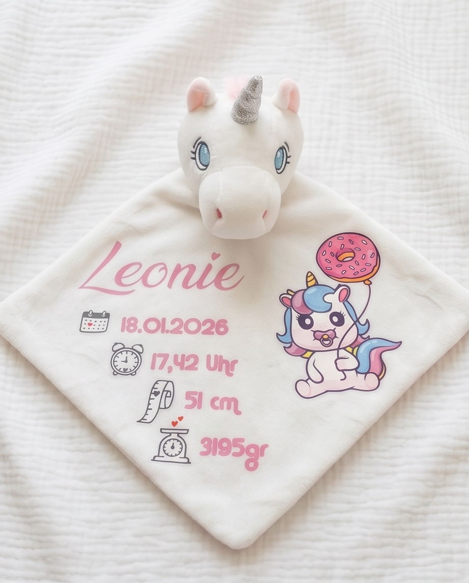 „Schmusetuch Einhorn mit Name Leonie und Geburtsdaten Nahaufnahme