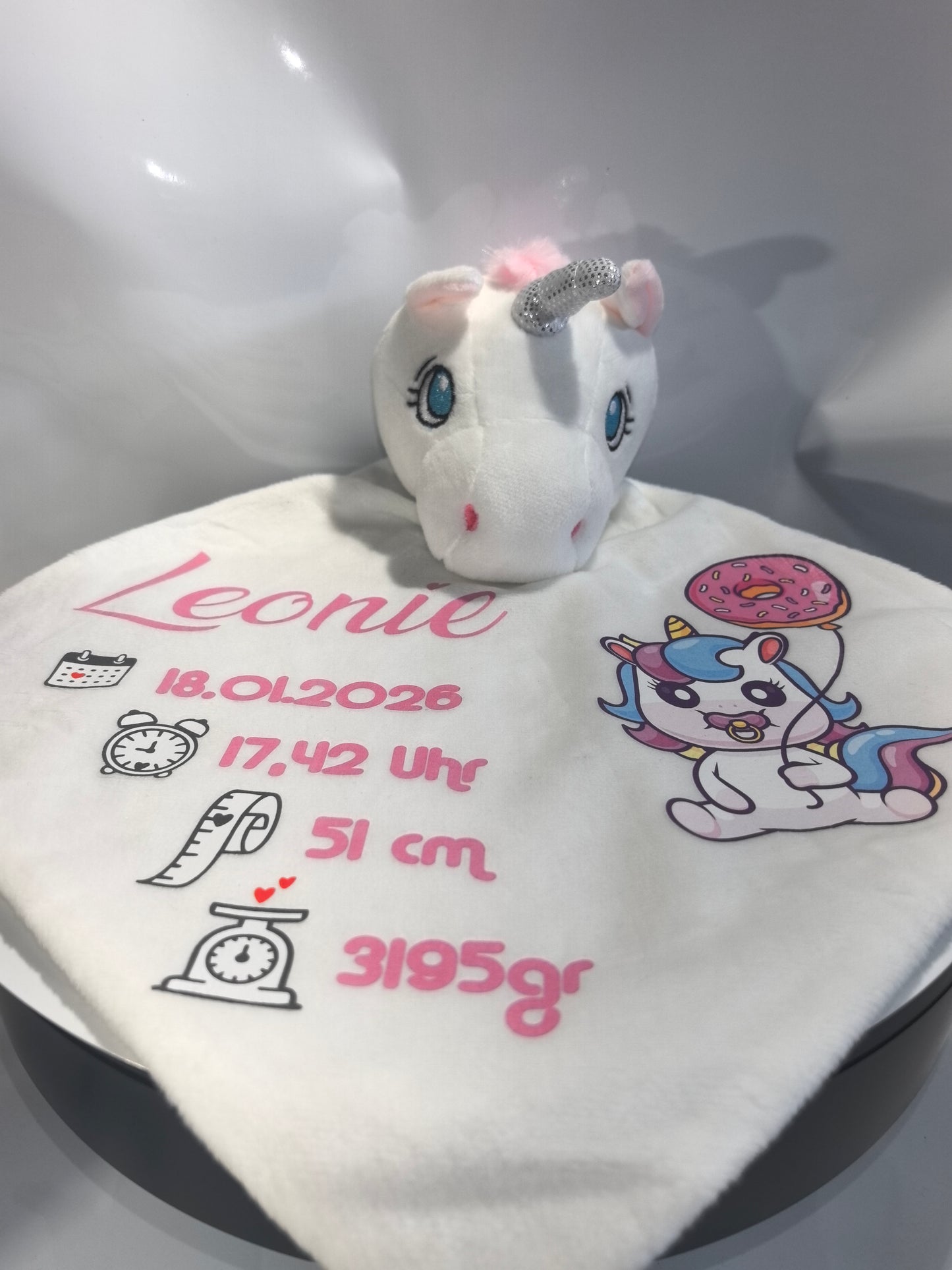 „Personalisiertes Einhorn Schmusetuch flach liegend mit Geburtsdaten