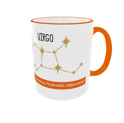 Ansicht der Tasse, die den Übergang vom Jungfrau-Symbol zum goldenen Virgo-Sternbild und der orangefarbenen Textbanderole zeigt.