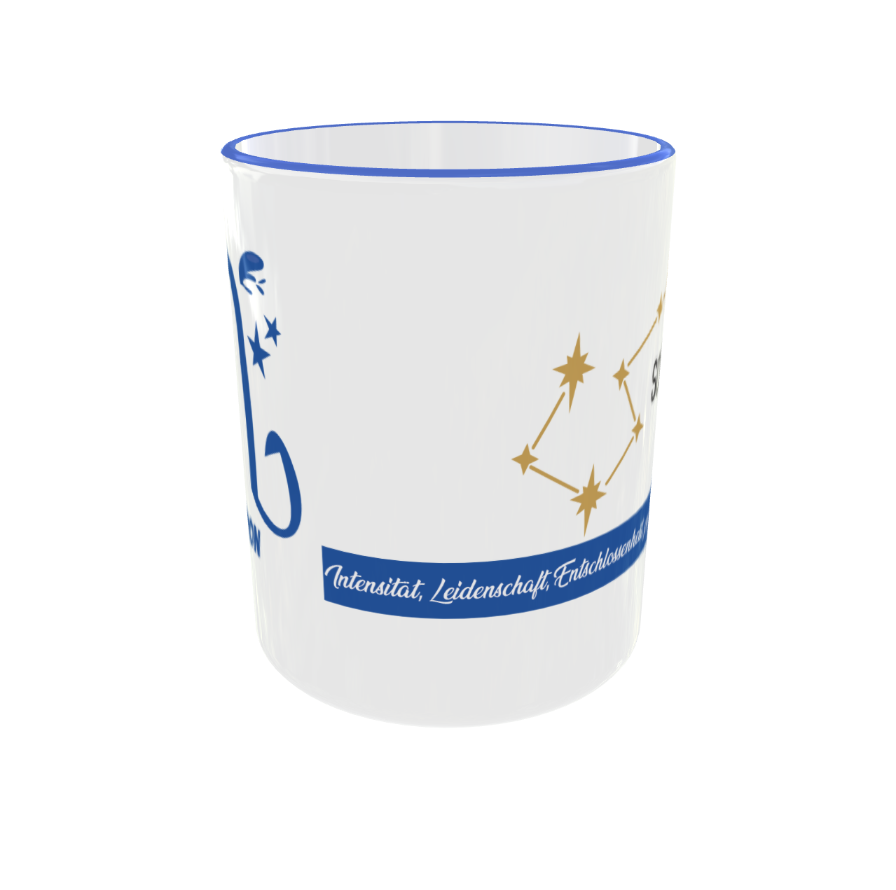 Detailansicht der Tasse mit Fokus auf das blaue Textband mit den Eigenschaften „Intensität, Leidenschaft, Entschlossenheit“.