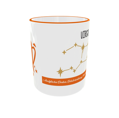 Rückseite der Tasse mit dem goldenen Sternbild „Virgo“ und den aufgedruckten Eigenschaften Praktikabilität und Hilfsbereitschaft.