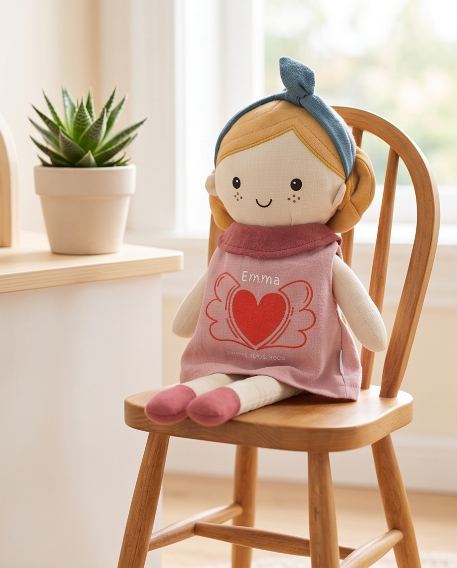 Personalisierbare Stoffpuppe auf Holzstuhl am Fenster mit Pflanze im Hintergrund
