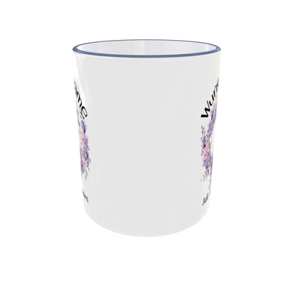 Juli Geburtsblumen Tasse Rittersporn - Rückansicht mit individueller Personalisierung