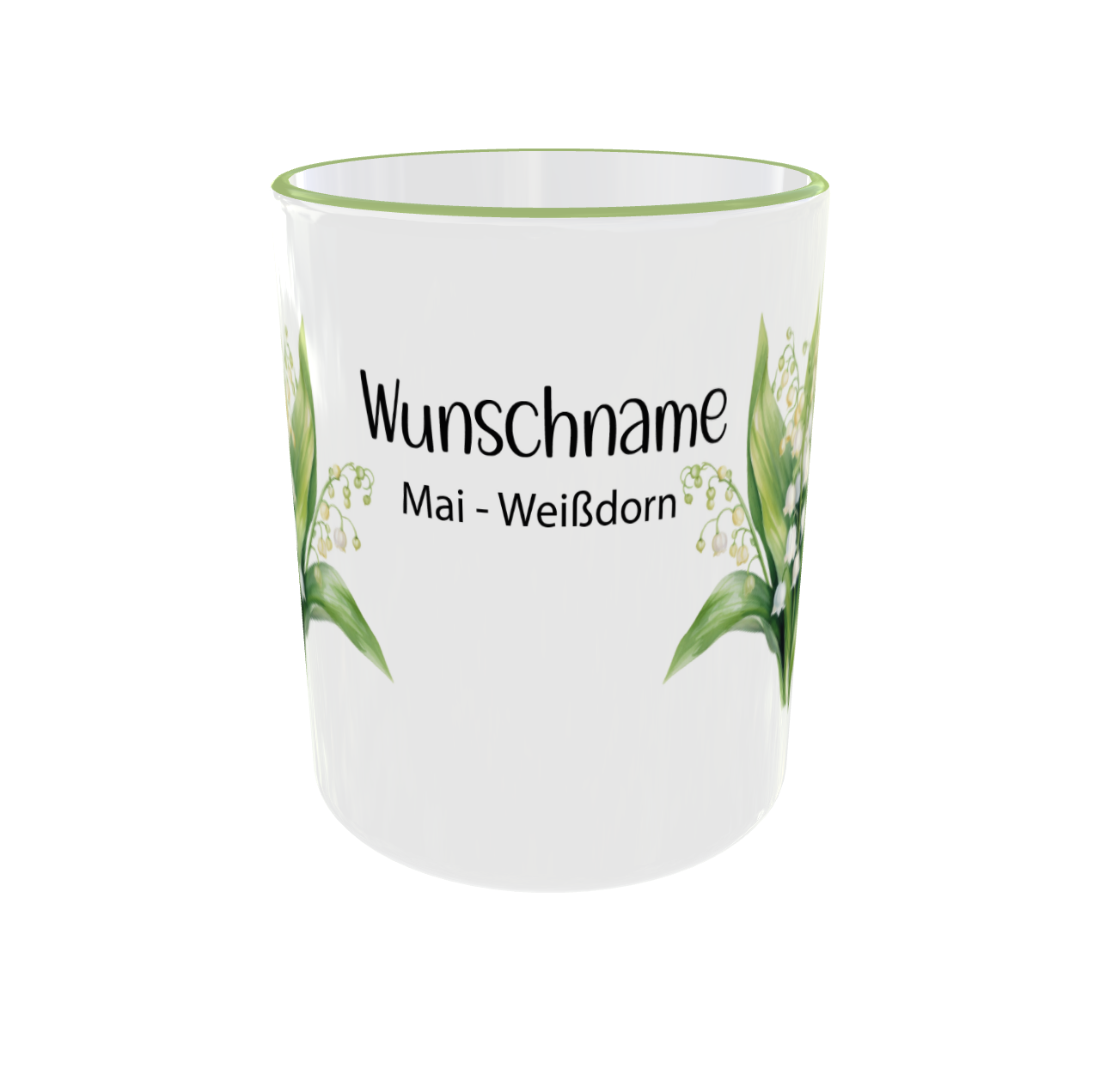 4.	Mai Geburtsblumen Tasse Weißdorn - Seitenansicht mit Personalisierung
