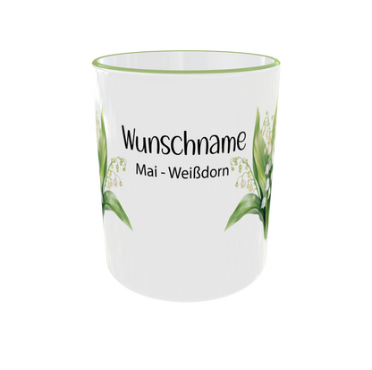 4.	Mai Geburtsblumen Tasse Weißdorn - Seitenansicht mit Personalisierung