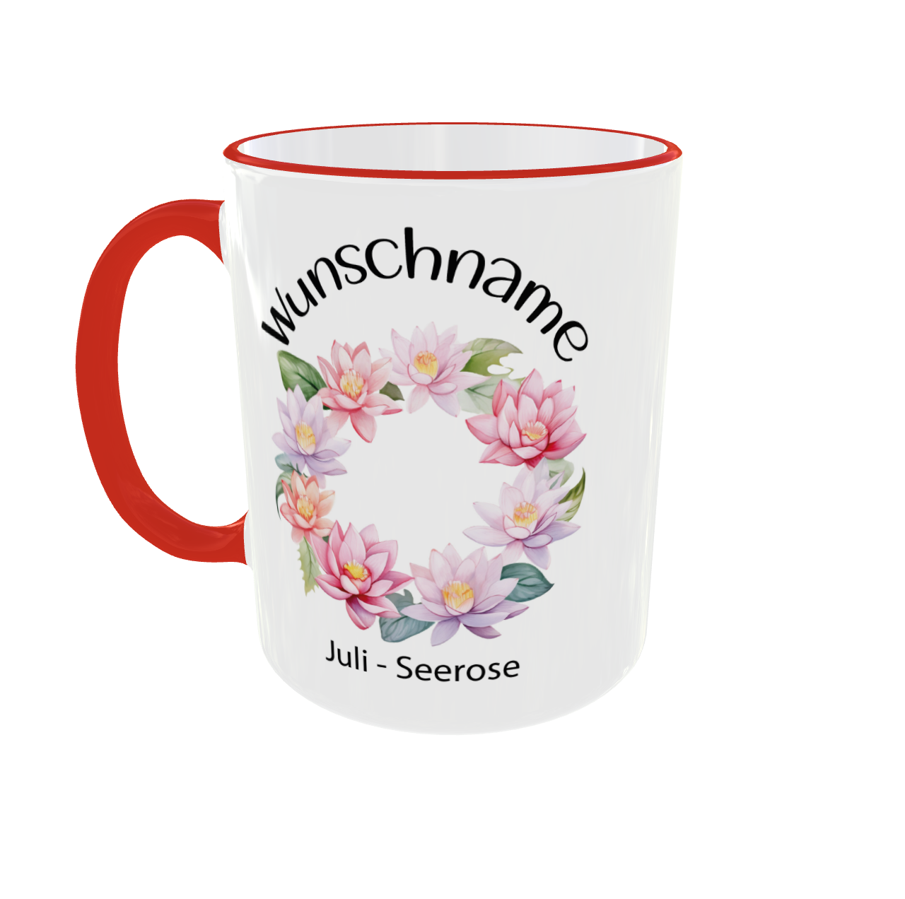 Personalisierte Seerose Tasse für Juli-Geborene - Frontansicht mit großer Blüte