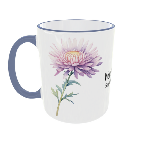 Personalisierte September Tasse mit Aster Blumen und Wunschname