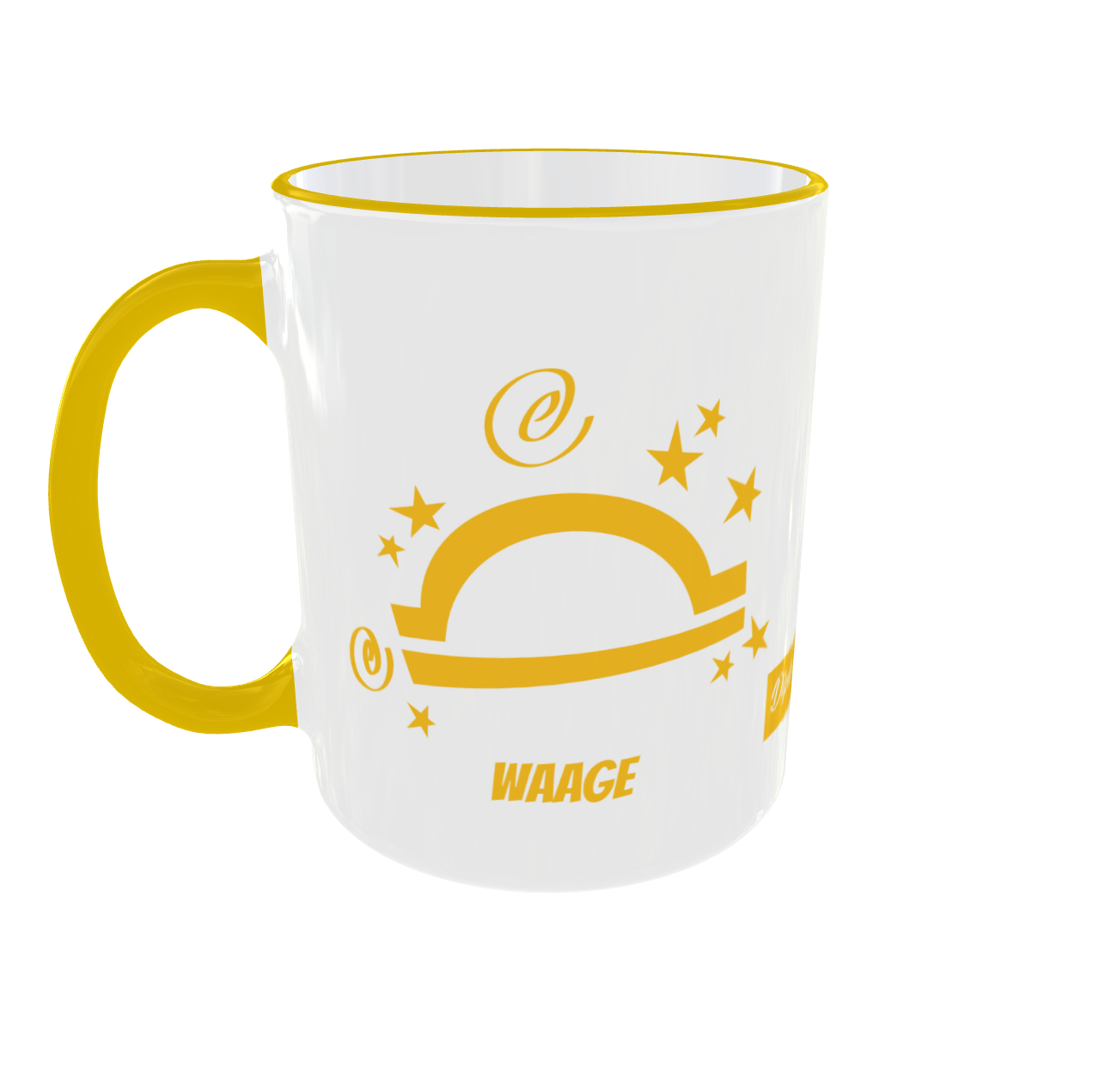 Vorderansicht der Tasse mit dem gelben Waage-Symbol, Sternen und dem Schriftzug Waage.