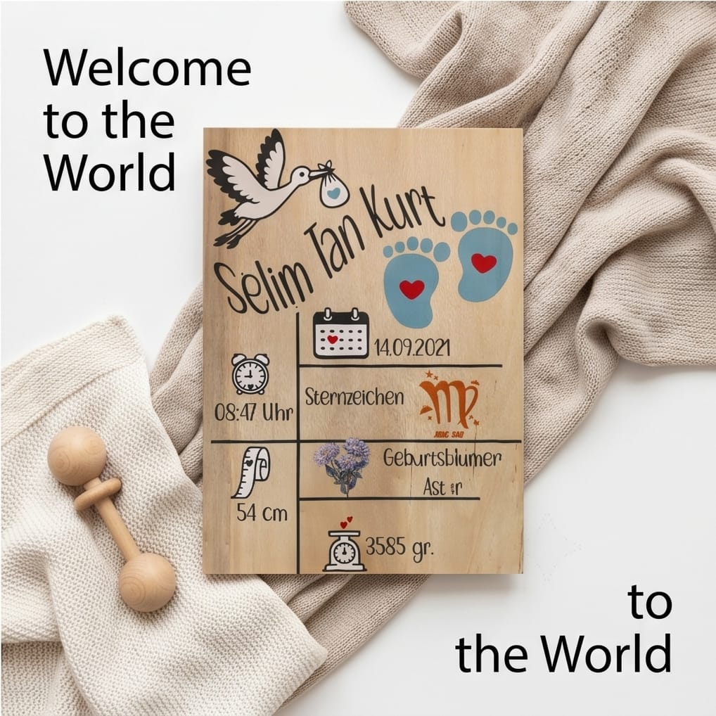 „Welcome to the World" Schriftzug auf Leinenstoff mit Holzrassel