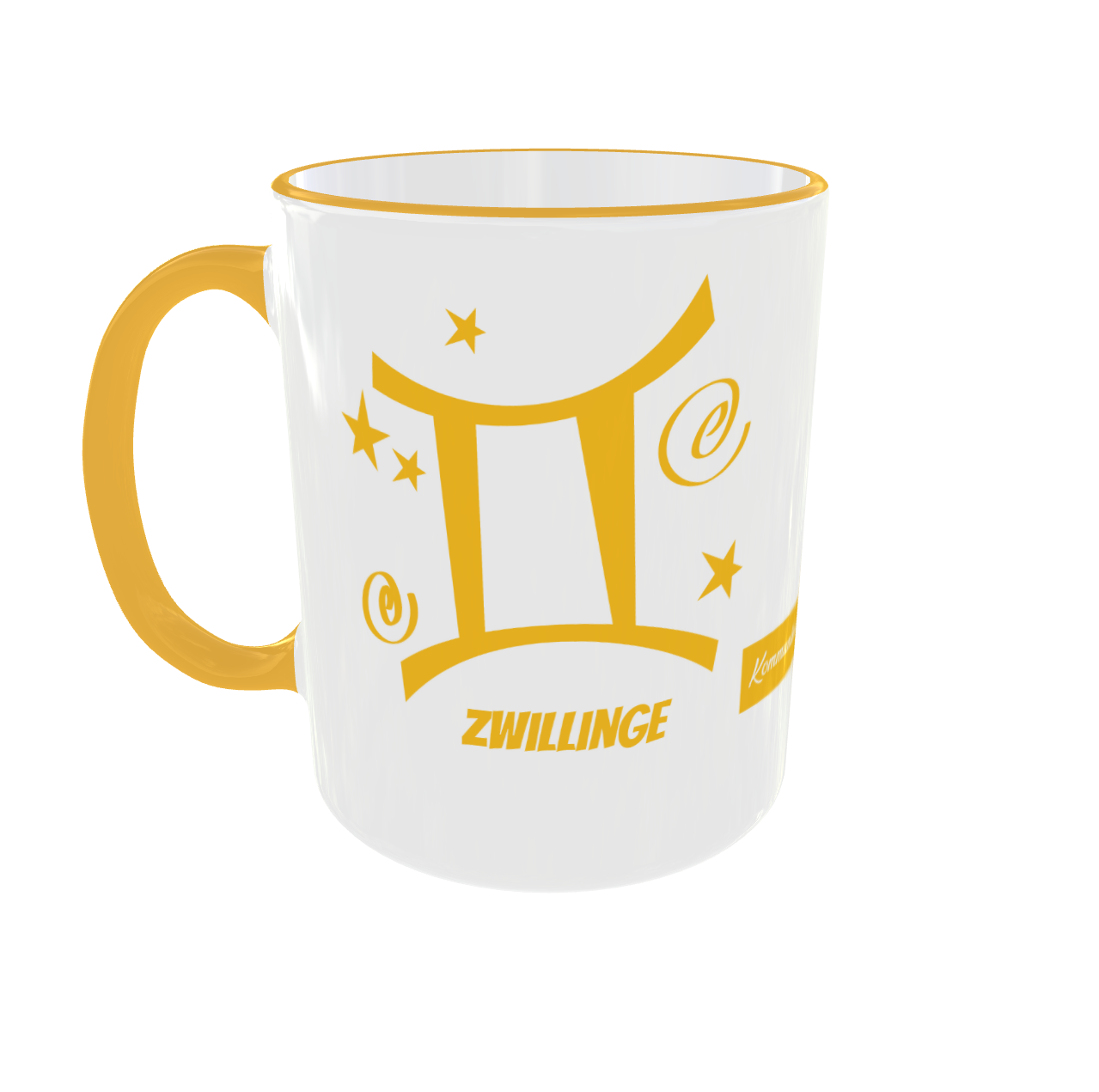 Weiße Keramiktasse mit gelbem Henkel und Rand, bedruckt mit dem Sternzeichen-Symbol „Zwillinge“ und dem Sternenbild „Gemini“ in Gold-Gelb.