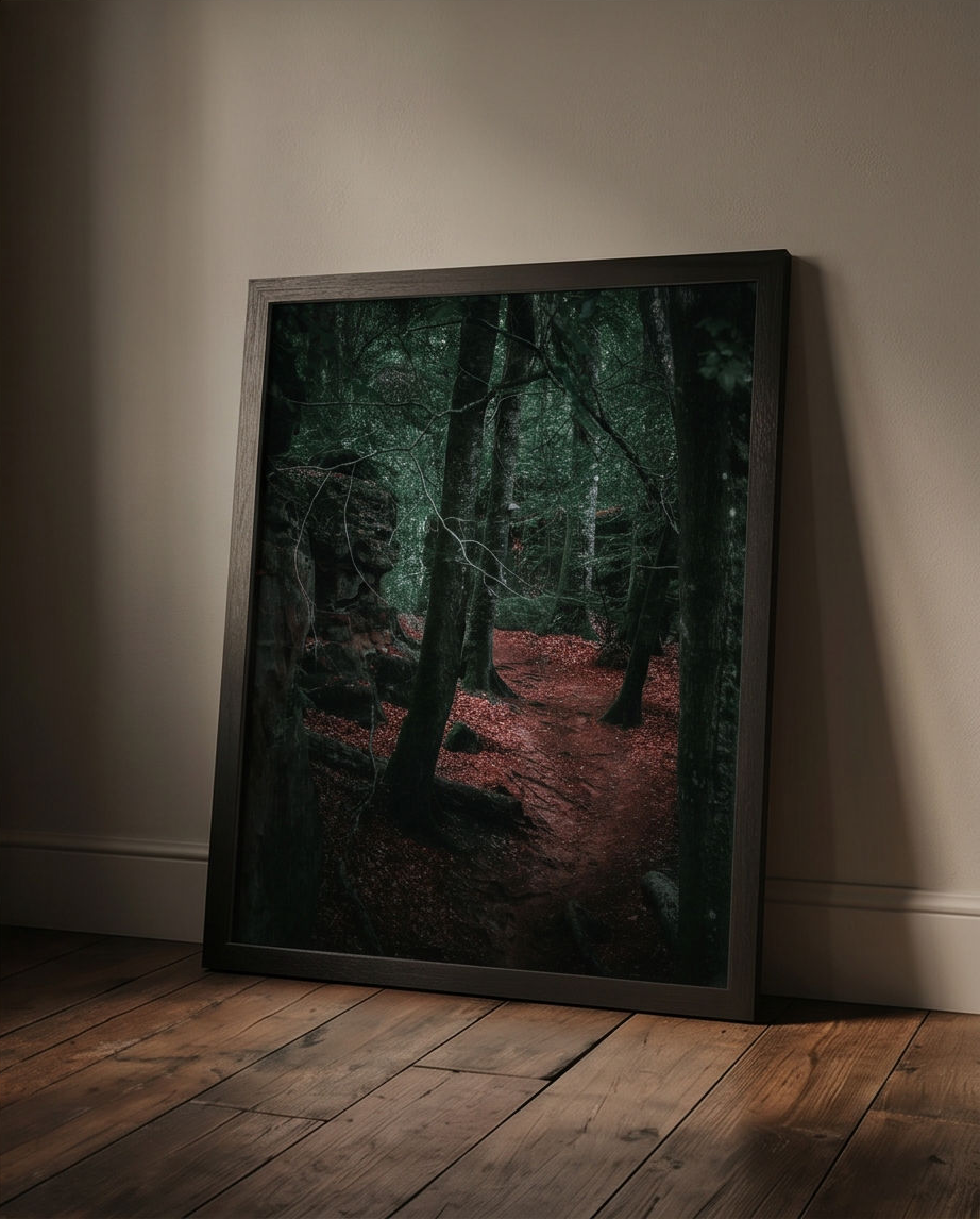 Felsengasse – Gerahmter Kunstdruck an Wand gelehnt auf Holzboden, Hochformat Lifestyle
