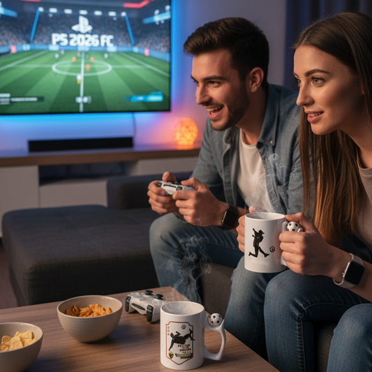 Fußball Tasse personalisiert mit  Spielersilhouette und Fußball-Henkel.