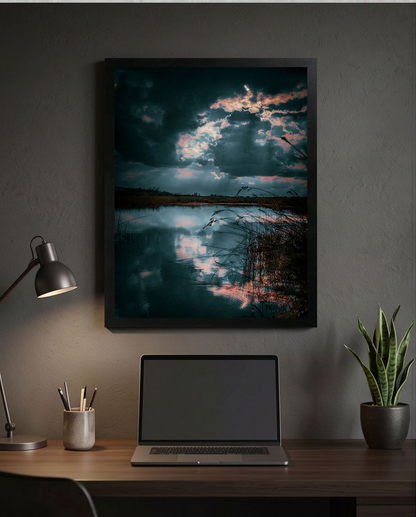 Stille vor dem Sturm – Gerahmter Kunstdruck über Schreibtisch mit Laptop, Tischlampe und Zimmerpflanze, dunkles Arbeitszimmer Lifestyle