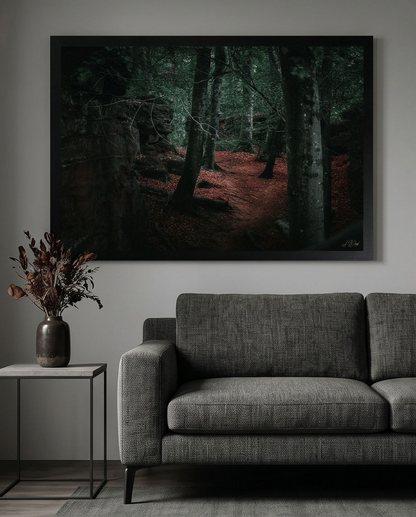 Felsengasse – Gerahmter Kunstdruck über grauem Sofa mit Trockenblumen-Vase, dunkles Wohnzimmer Lifestyle
