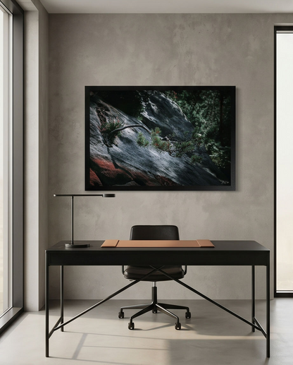 Nadelbaum auf Felsen – Gerahmter Kunstdruck über schwarzem Schreibtisch mit Tischlampe, modernes minimalistisches Arbeitszimmer Lifestyle