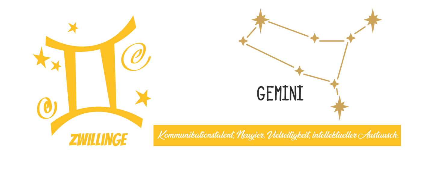 Weiße Keramiktasse mit gelbem Henkel und Rand, bedruckt mit dem Sternzeichen-Symbol „Zwillinge“ und dem Sternenbild „Gemini“ in Gold-Gelb.