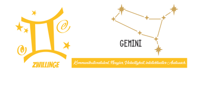 Weiße Keramiktasse mit gelbem Henkel und Rand, bedruckt mit dem Sternzeichen-Symbol „Zwillinge“ und dem Sternenbild „Gemini“ in Gold-Gelb.