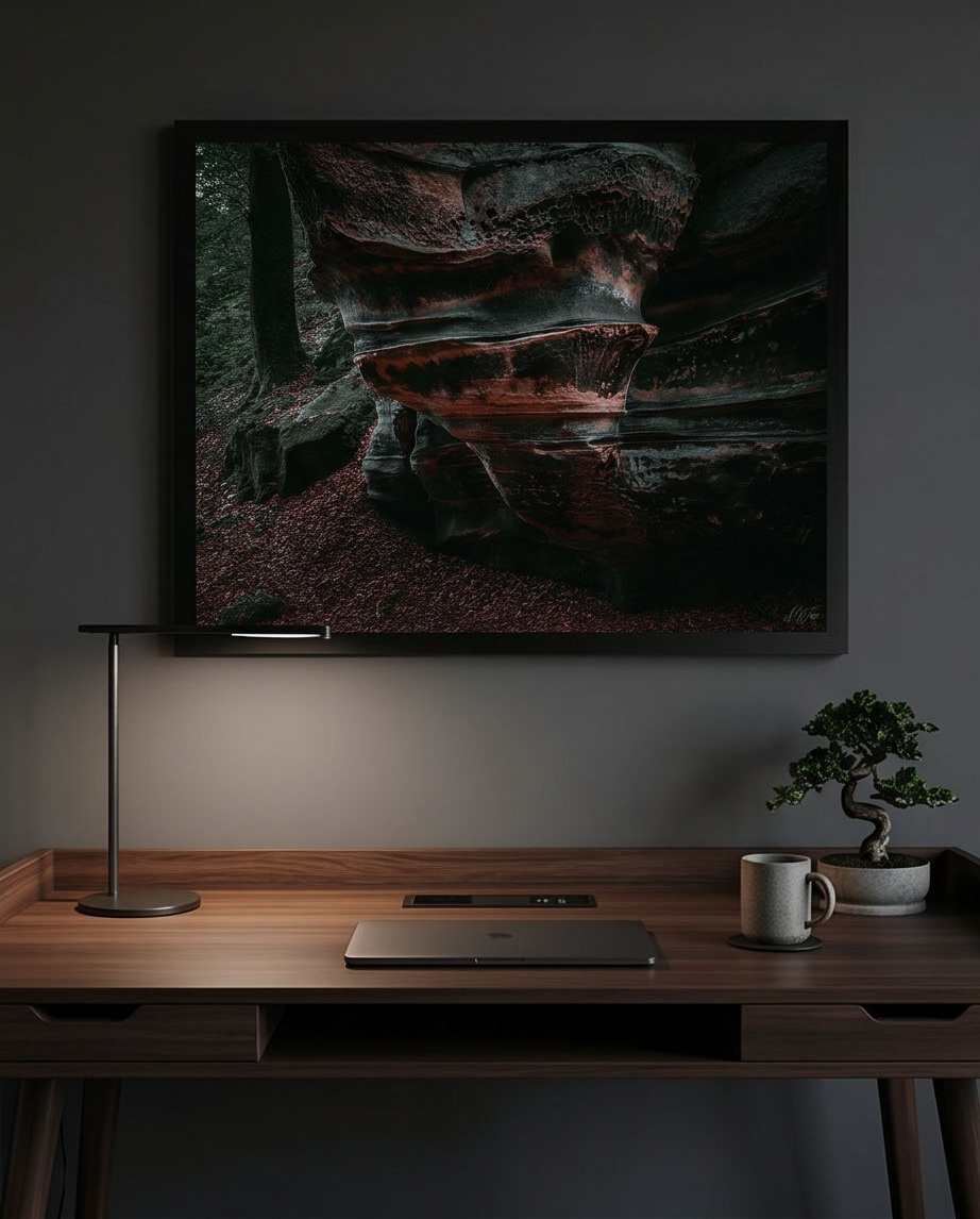 Der Lavafelsen – Gerahmter Kunstdruck über Nussbaum-Schreibtisch mit Laptop, Tischlampe und Bonsai, dunkles modernes Arbeitszimmer Lifestyle