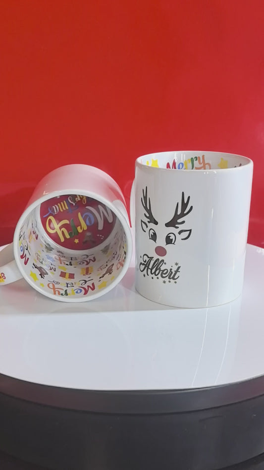 Personalisierte Rentier Tasse mit Namen – Rudolph Design & Bunter Innenprint, "Personalisierte Rentier Tasse", "Rudolph Tasse Kinder".