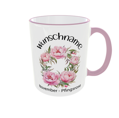 Personalisierte November Geburtsblume Tasse - Pfingstrose & Chrysantheme mit Wunschname