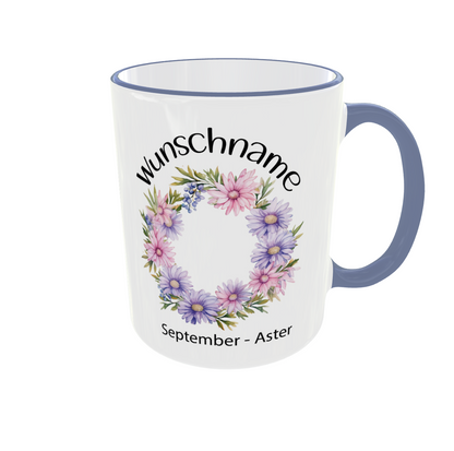 Personalisierte Tasse September - Geburtsmonat mit Blumenmotiv- Aster und Winde